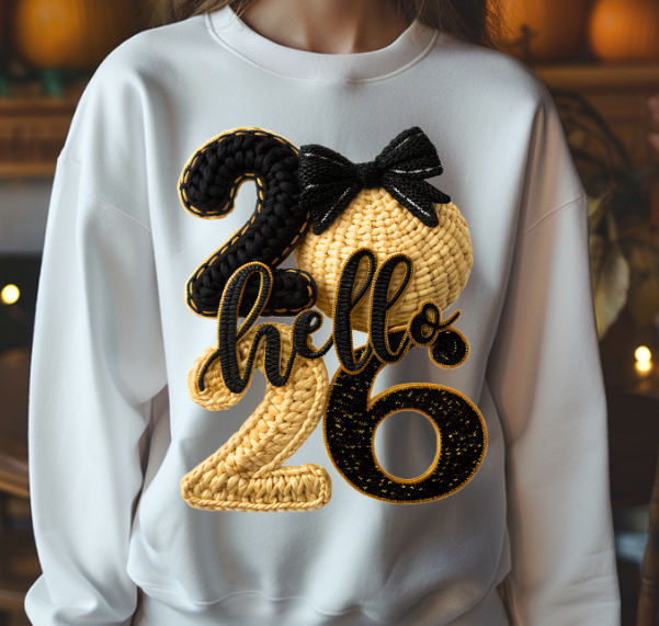 Gold/Black Hello 2026 DTF Transfer
