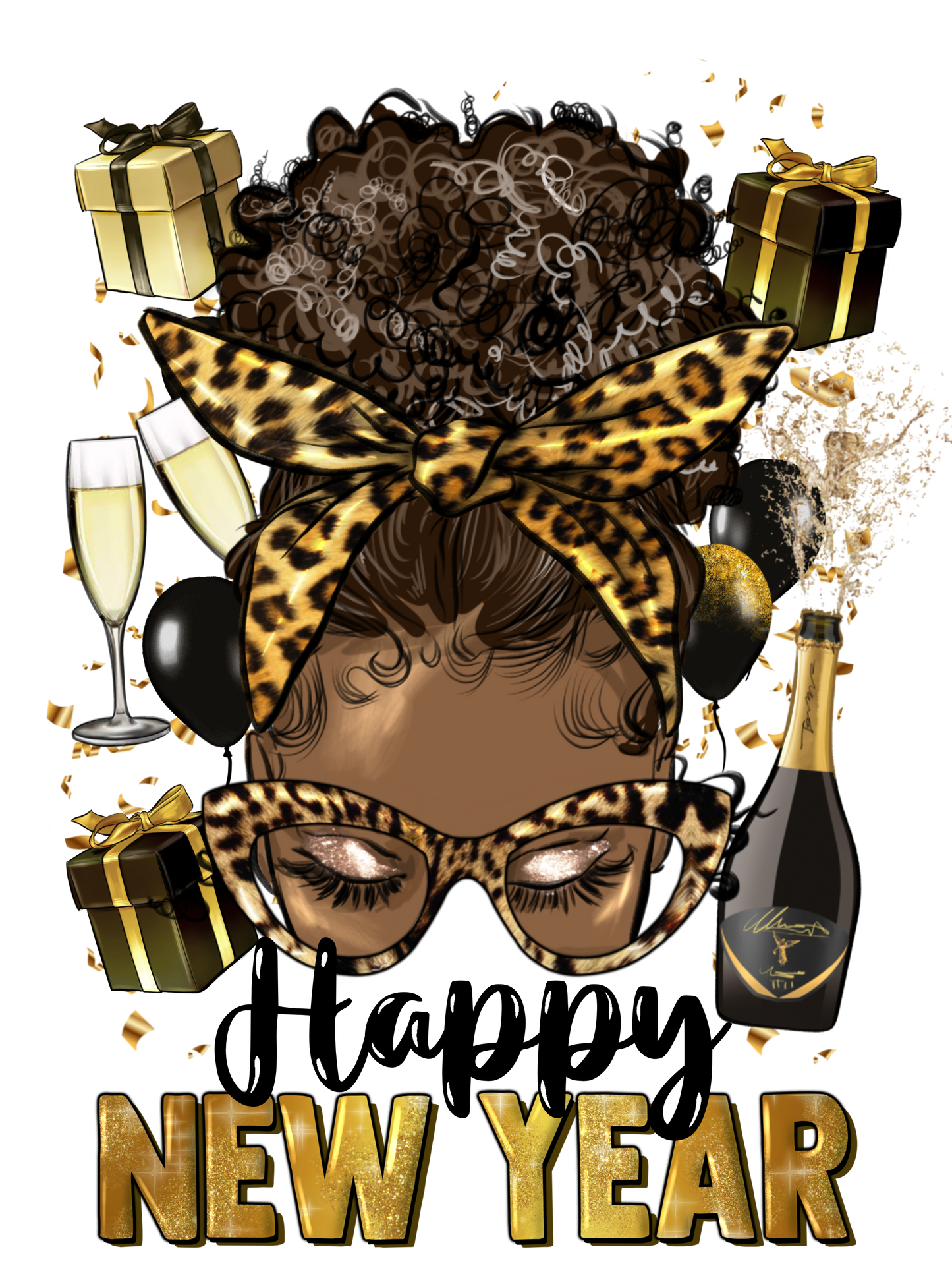 Afro messy bun happy new year DTF Transfers