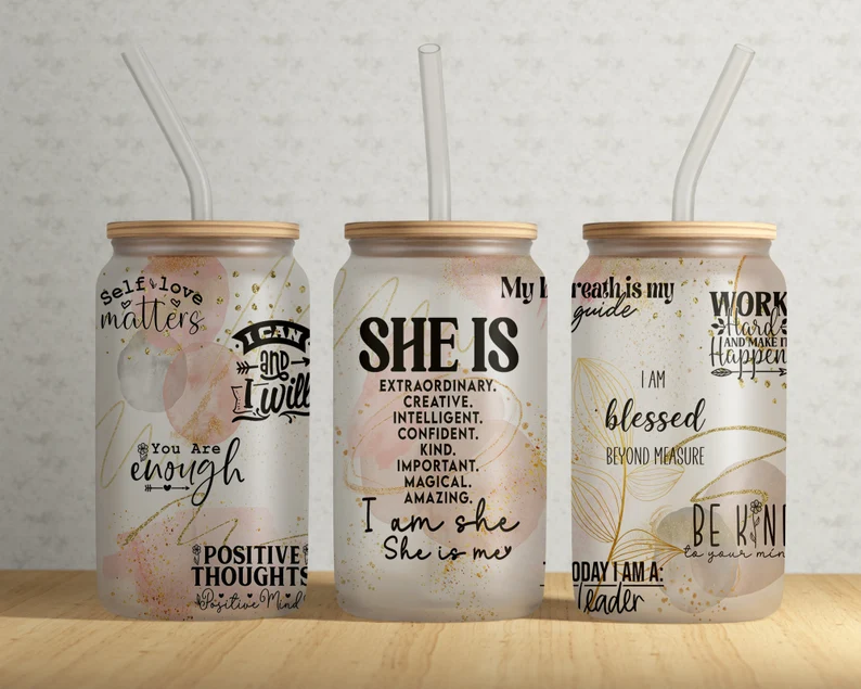 She Is Affirmation 16oz Frosted Glass Jar