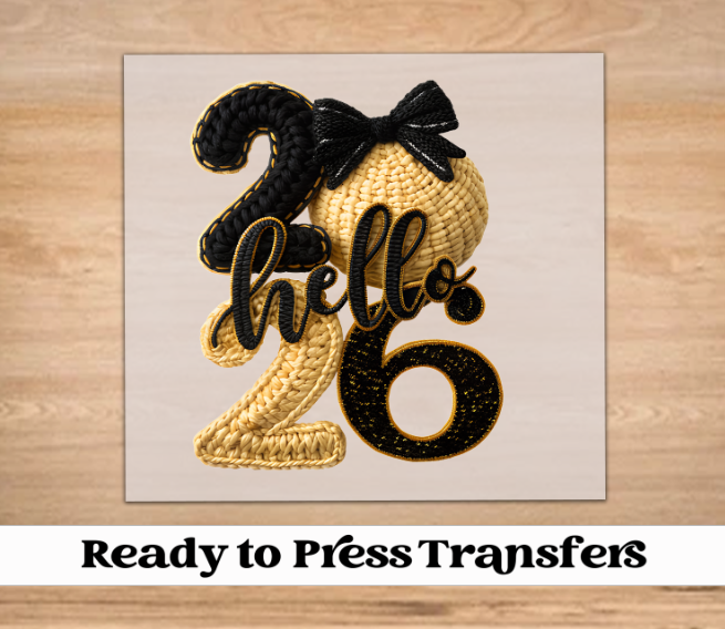 Gold/Black Hello 2026 DTF Transfer